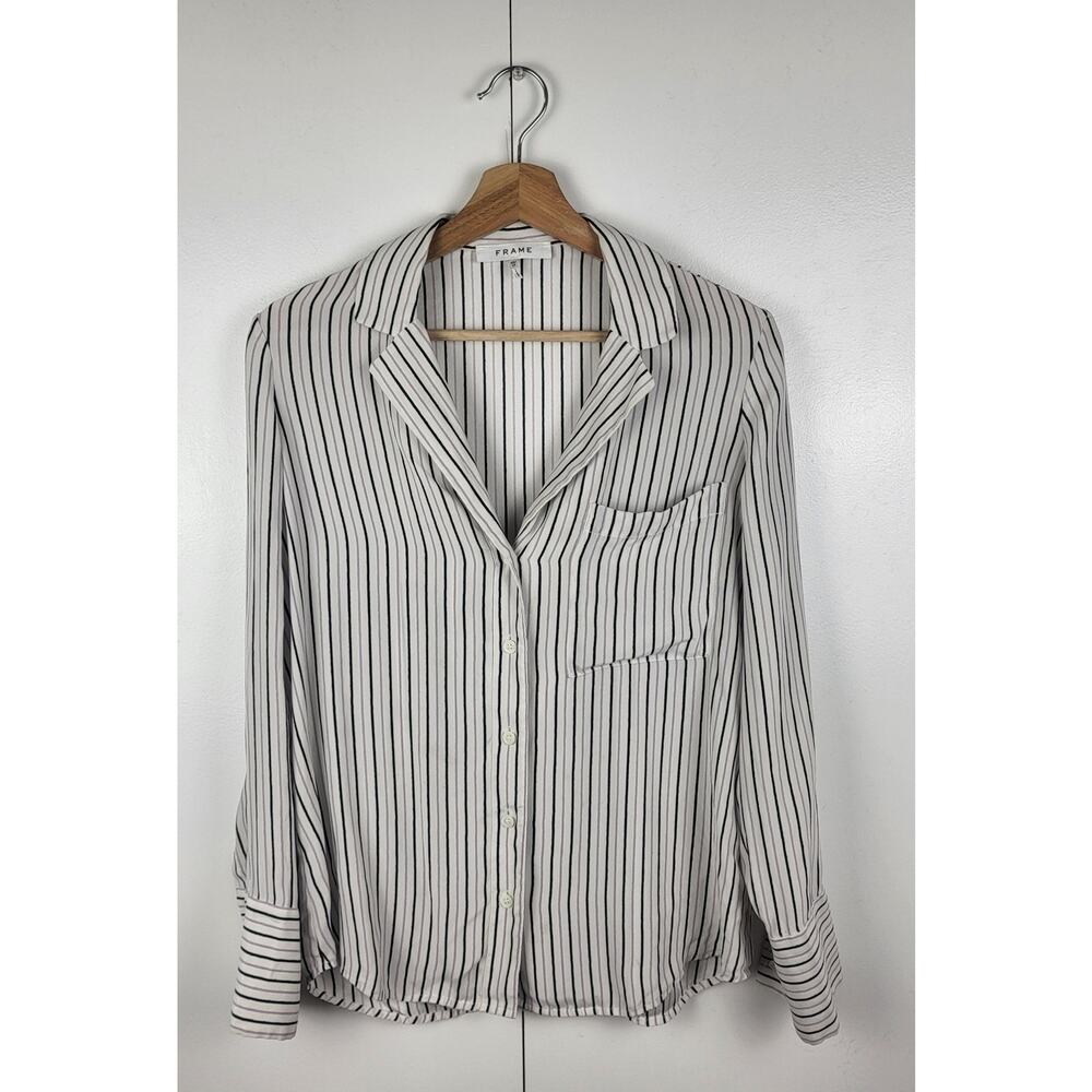 FRAME 100% Silk Striped Button Down Blouse | Black White XS - Picture 7 of 11